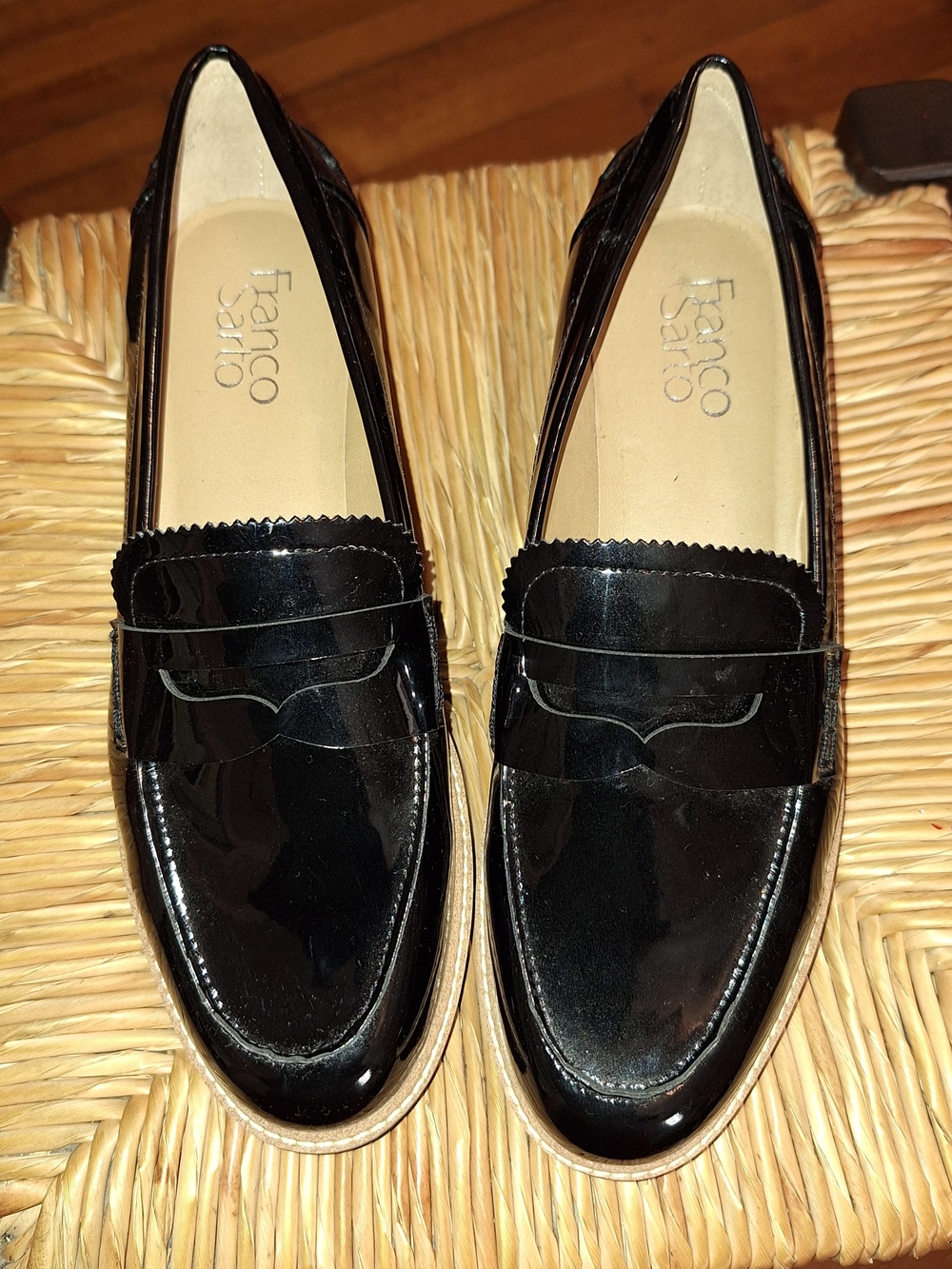 Franco Sarto Black Patent Leather Women’s Penny Loafers with Tan Edge